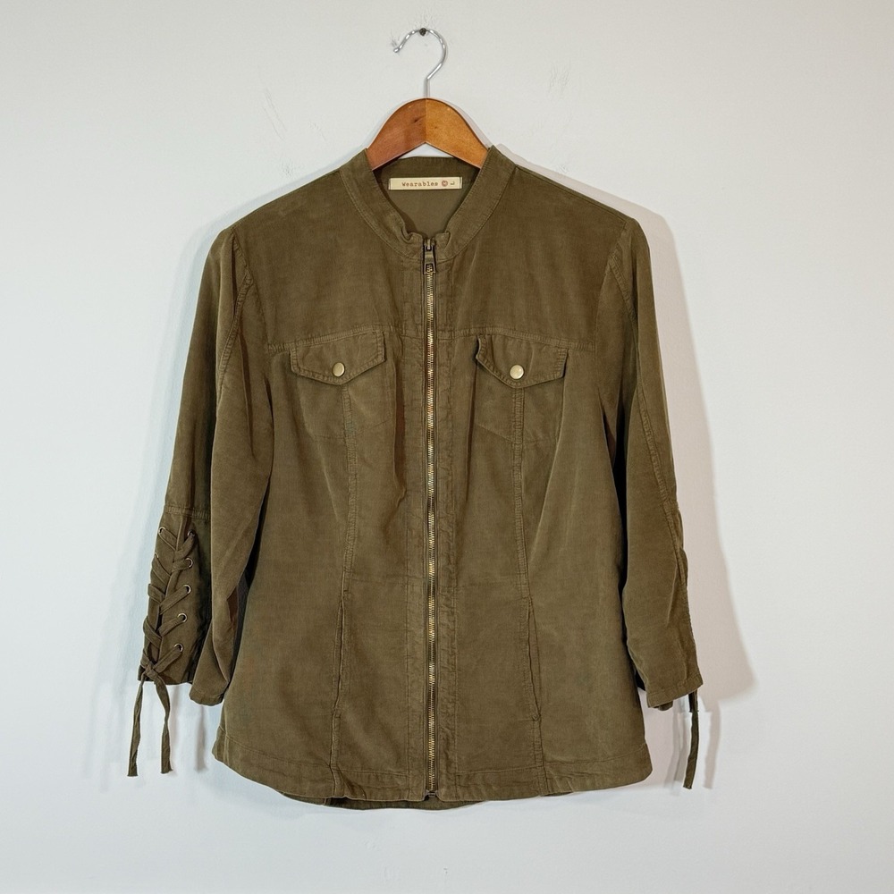XCVI Wearables Ashlynn Microcord Jacket Womens LG Olive Full Zip Lagenlook Artsy
